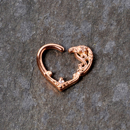16G 3/8 Clear CZ Gem Rose Gold Tone Heart Left Ear Closure Ring