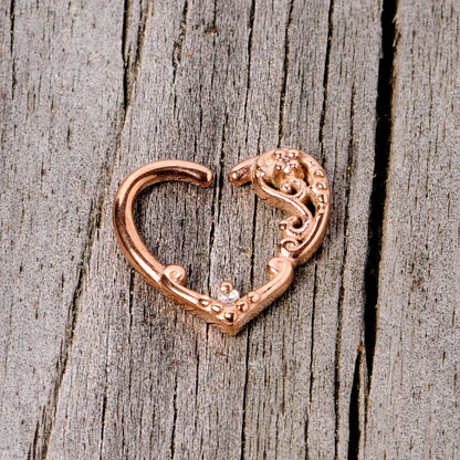 16G 3/8 Clear CZ Gem Rose Gold Tone Heart Left Ear Closure Ring
