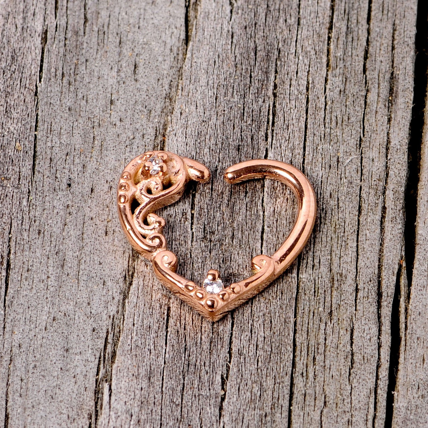16G 3/8 Clear CZ Gem Rose Gold Tone Heart Right Ear Closure Ring