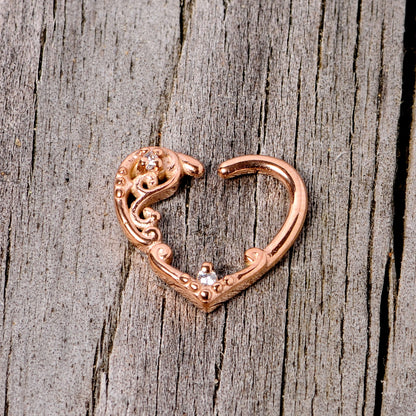 16G 3/8 Clear CZ Gem Rose Gold Tone Heart Right Ear Closure Ring