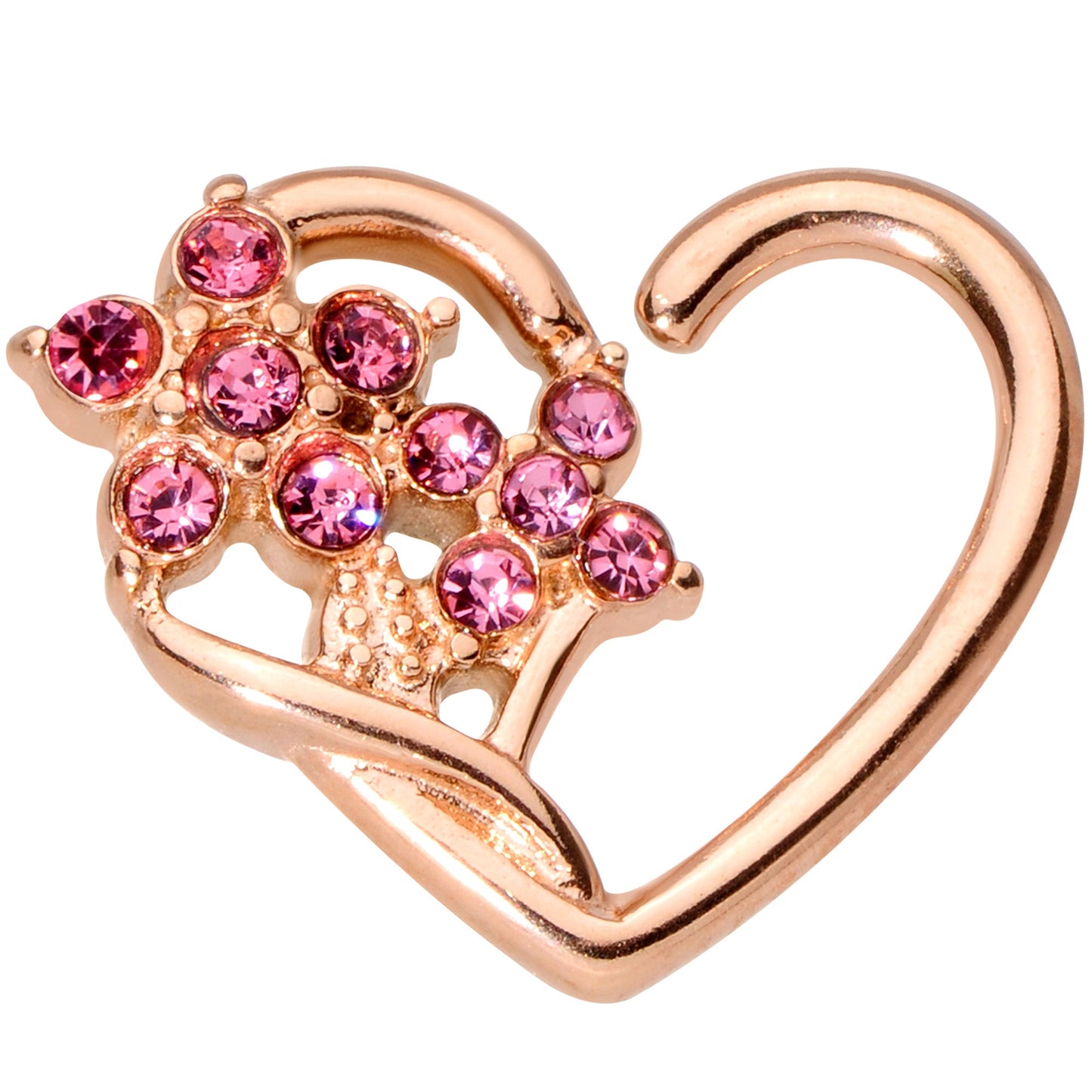 16G 3/8 Pink Gem Rose Gold Tone Heart Right Ear Closure Ring