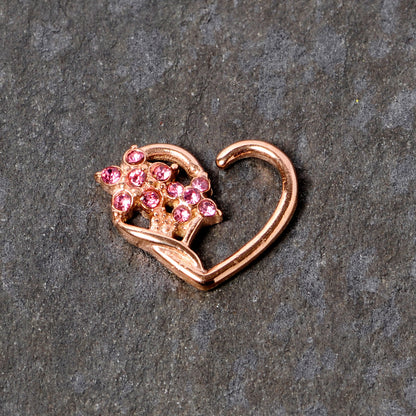 16G 3/8 Pink Gem Rose Gold Tone Heart Right Ear Closure Ring