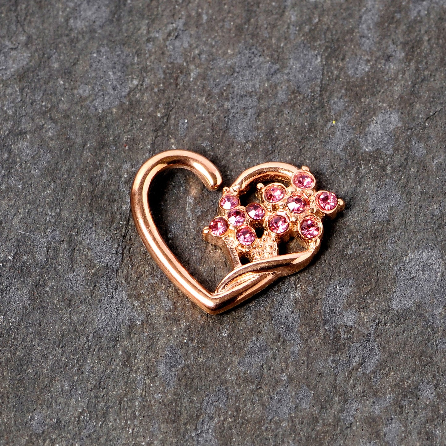 16G 3/8 Pink Gem Rose Gold Tone Heart Left Ear Closure Ring