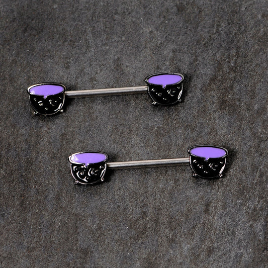 14G 11/16 Purple Cauldron Halloween Barbell Nipple Ring Set