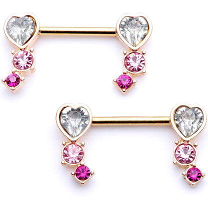 14G 9/16 Clear Pink Red Gem Heart Barbell Nipple Ring Set