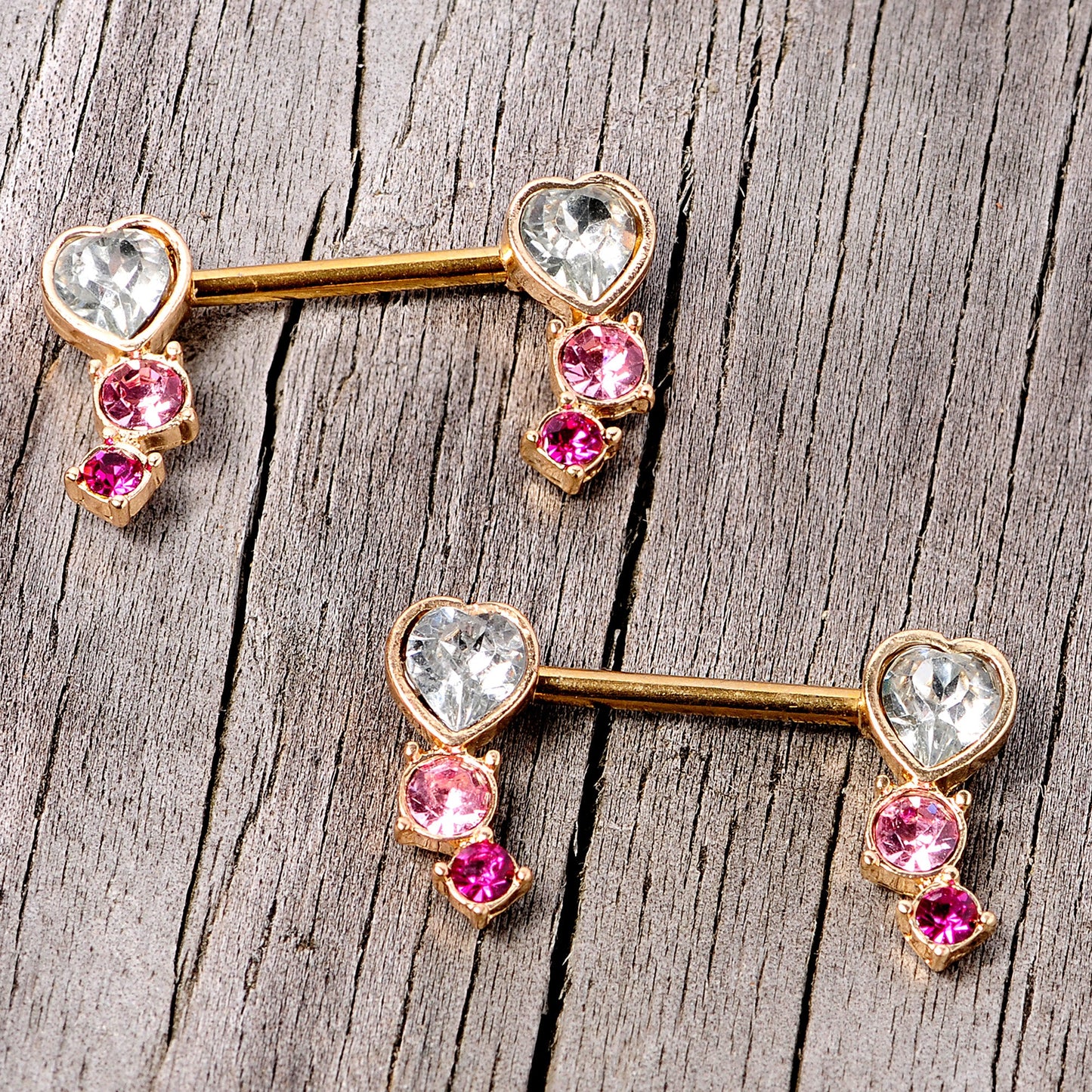 14G 9/16 Clear Pink Red Gem Heart Barbell Nipple Ring Set