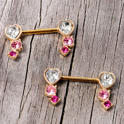 14G 9/16 Clear Pink Red Gem Heart Barbell Nipple Ring Set