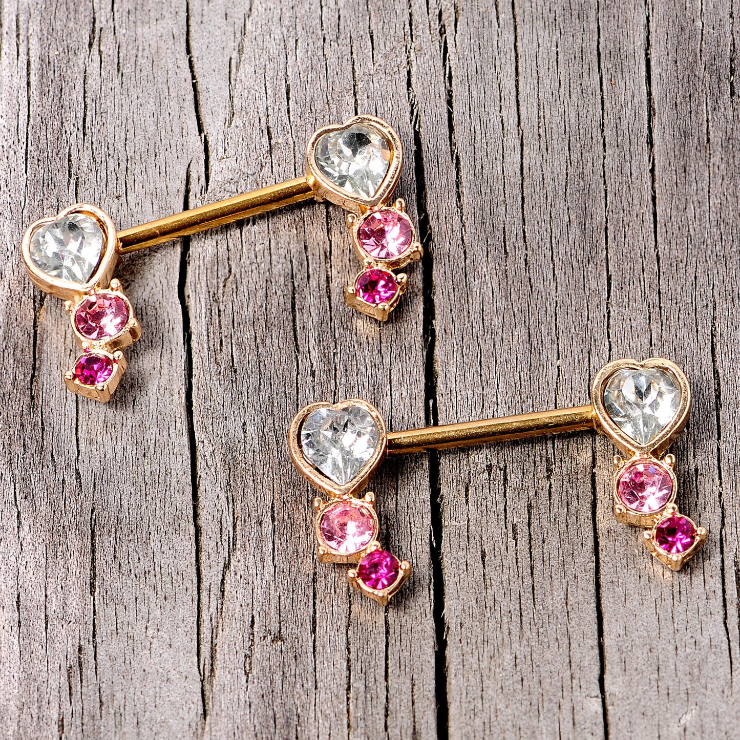 14G 9/16 Clear Pink Red Gem Heart Barbell Nipple Ring Set