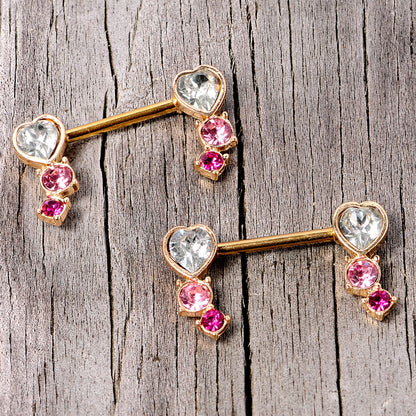 14G 9/16 Clear Pink Red Gem Heart Barbell Nipple Ring Set