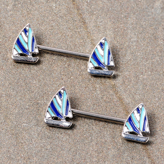 14G 9/16 Blue White Nautical Sailboat Barbell Nipple Ring Set