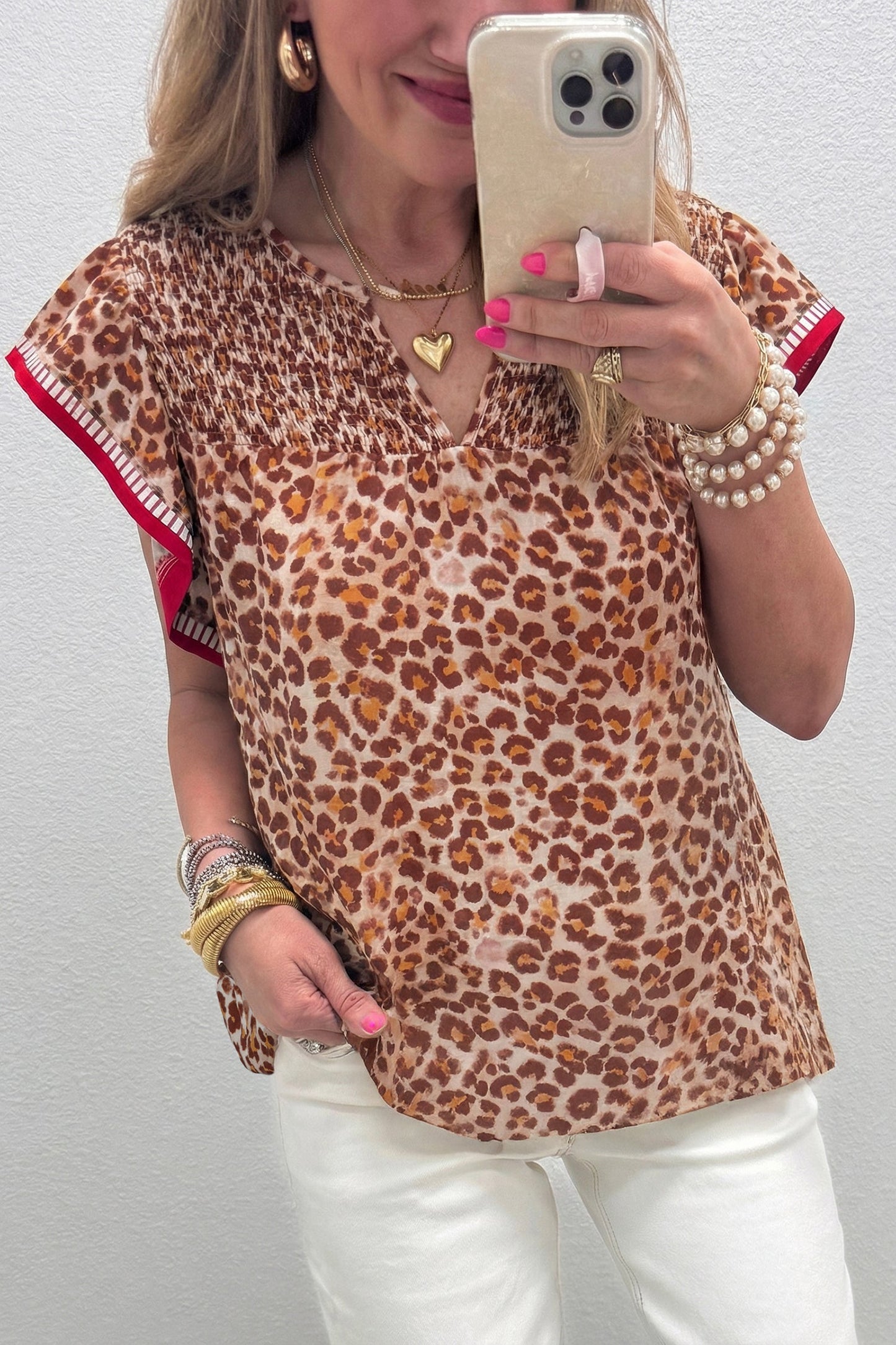 Leopard Contrast Trim Ruffle Short Sleeve Blouse