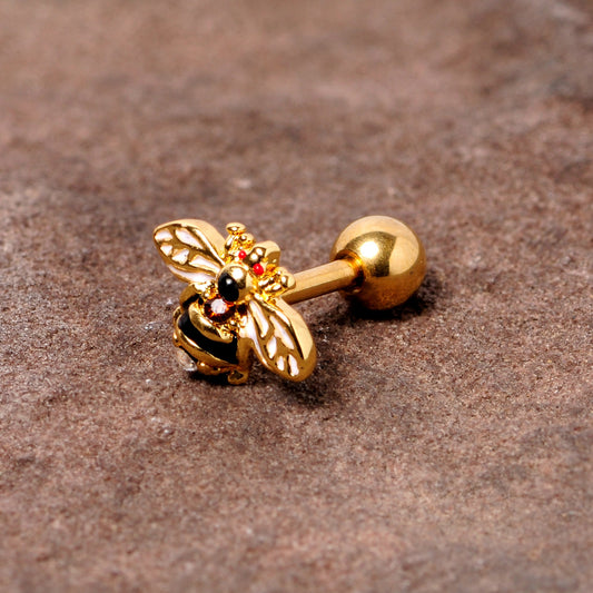 16G 1/4 Clear Black Gem Gold Tone Honey Bee Cartilage Tragus