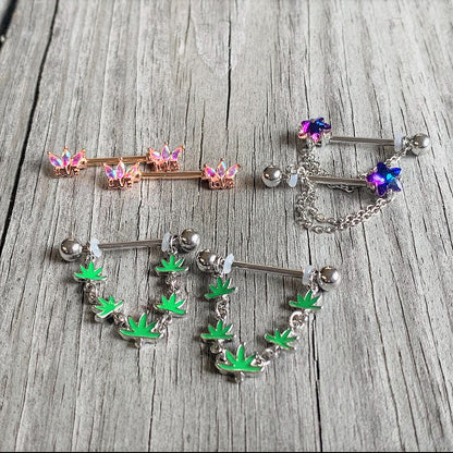 14G 5/8 Green Marijuana Pot Leaf Dangle Barbell Nipple Ring Set