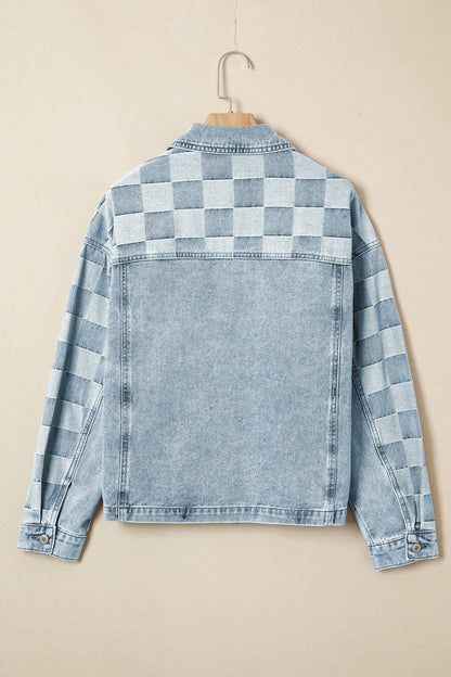 Denim Checkered Patchwork Womens Casual Jacket