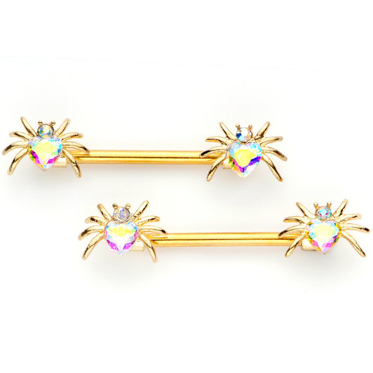 14G 9/16 Aurora Gem Gold Tone Heart Spider Barbell Nipple Ring Set