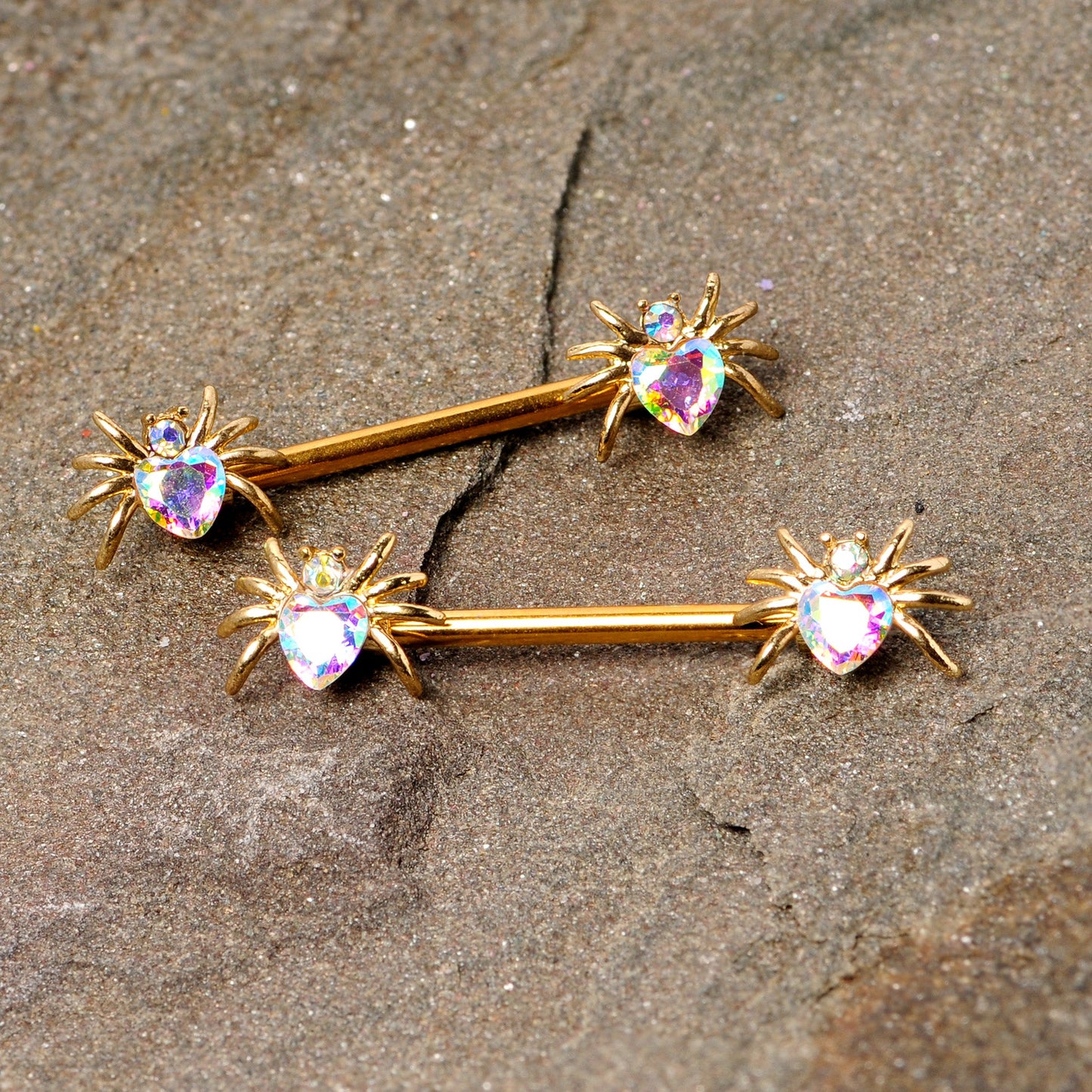 14G 9/16 Aurora Gem Gold Tone Heart Spider Barbell Nipple Ring Set