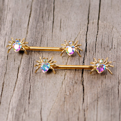 14G 9/16 Aurora Gem Gold Tone Heart Spider Barbell Nipple Ring Set