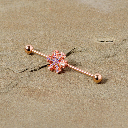14G Aurora Gem Rose Gold Tone Snowflake Industrial Barbell 38mm