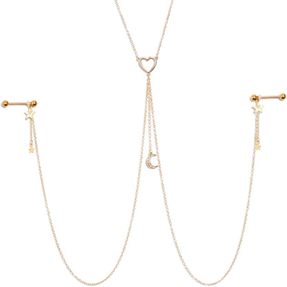 14G 5/8 Clear Gem Gold Tone Heart Star Nipple Chain Necklace