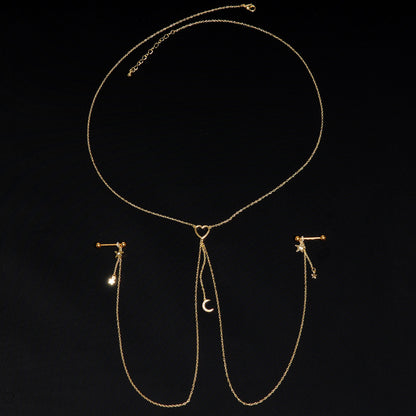 14G 5/8 Clear Gem Gold Tone Heart Star Nipple Chain Necklace