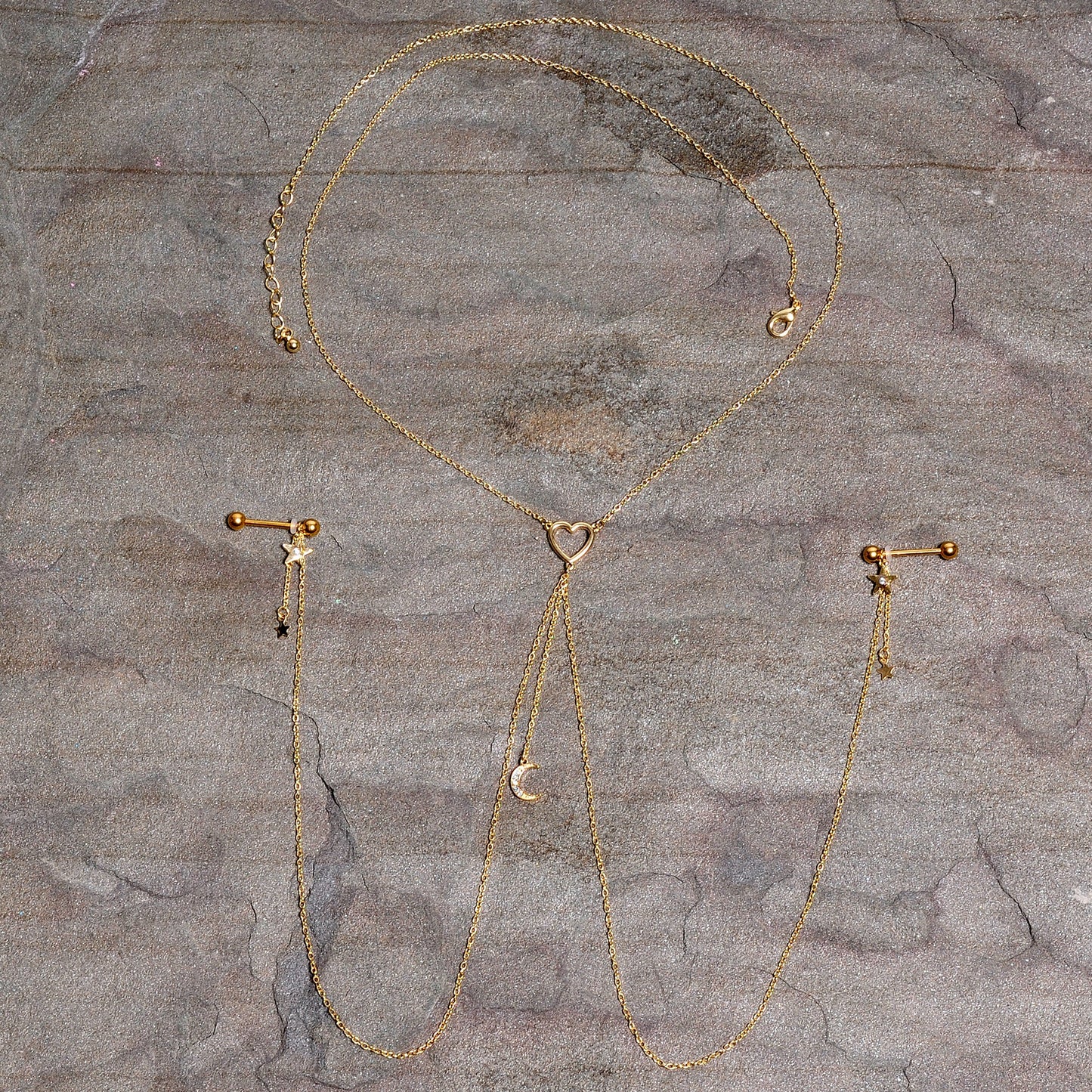 14G 5/8 Clear Gem Gold Tone Heart Star Nipple Chain Necklace