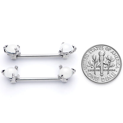 14G 5/8 White Faux Opal Dragon Claw Barbell Nipple Ring Set