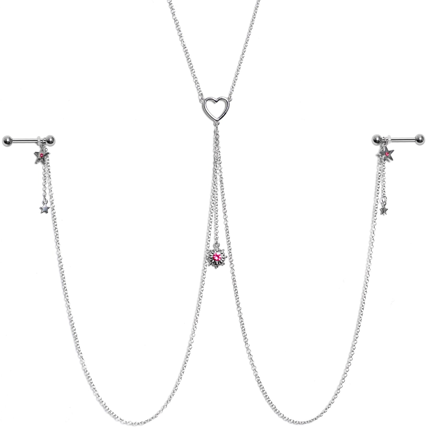 14G 5/8 Pink Gem Sun Heart Star Nipple Chain Necklace