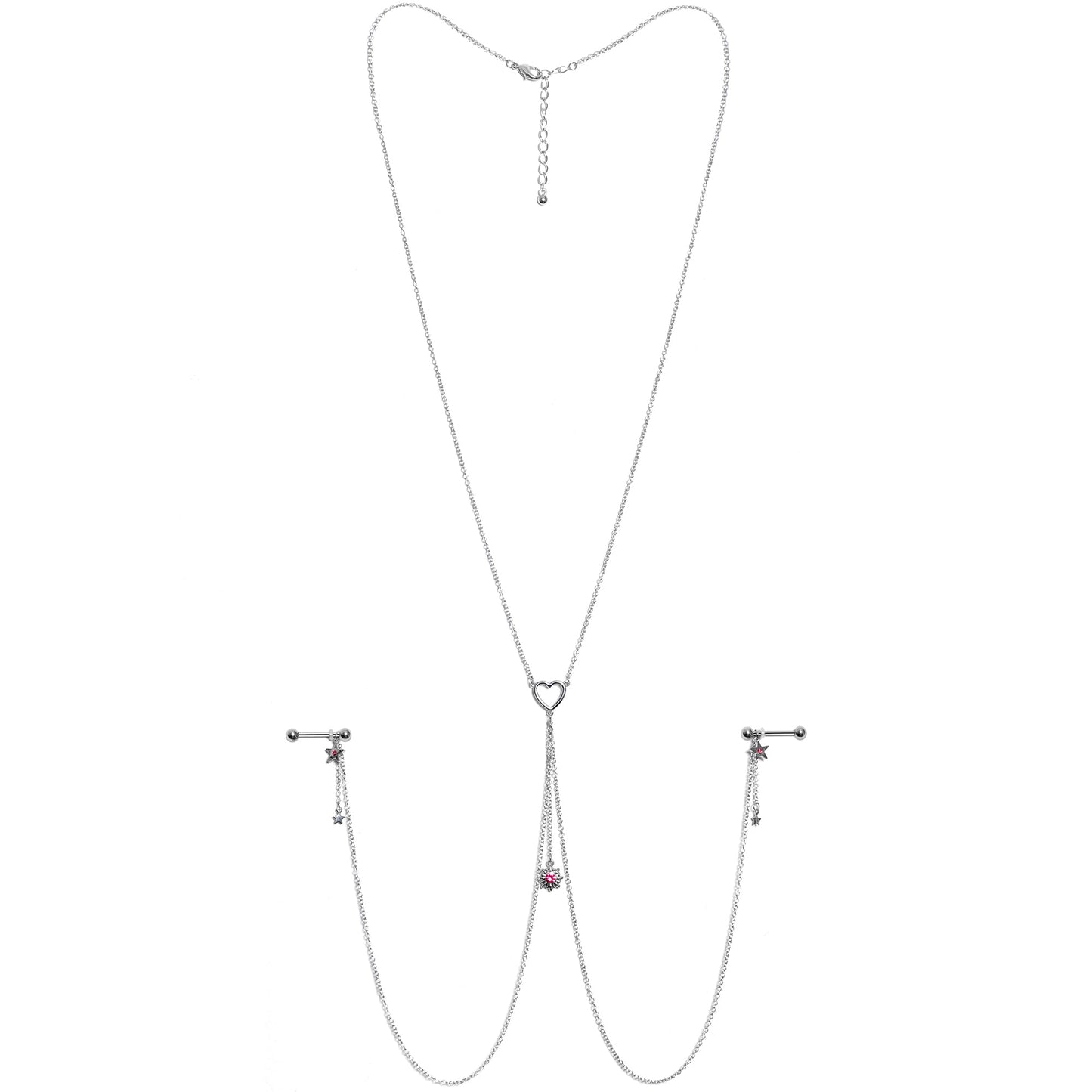 14G 5/8 Pink Gem Sun Heart Star Nipple Chain Necklace