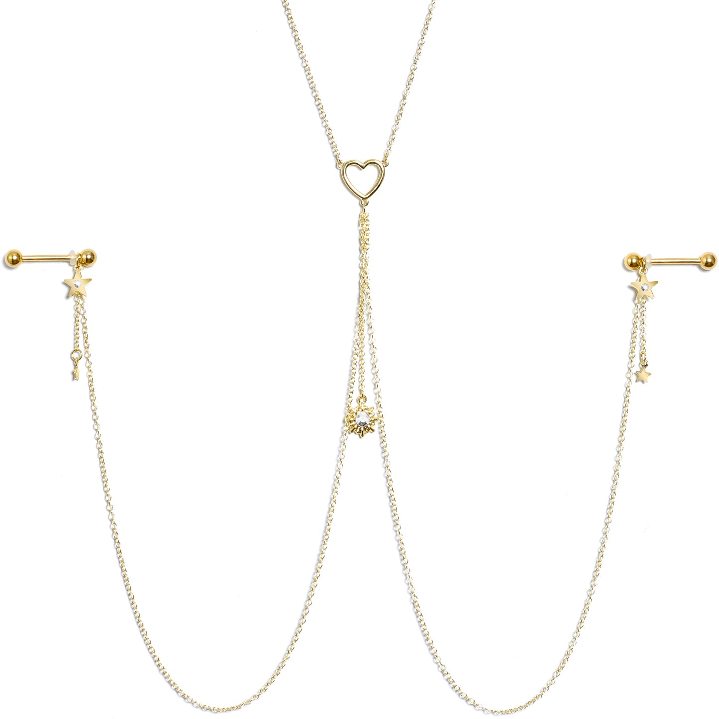 14G 5/8 Clear Gem Gold Tone Sun Heart Star Nipple Chain Necklace