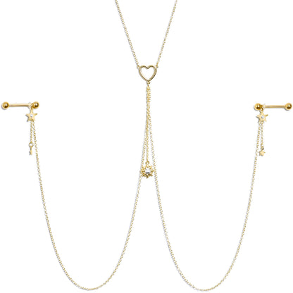 14G 5/8 Clear Gem Gold Tone Sun Heart Star Nipple Chain Necklace