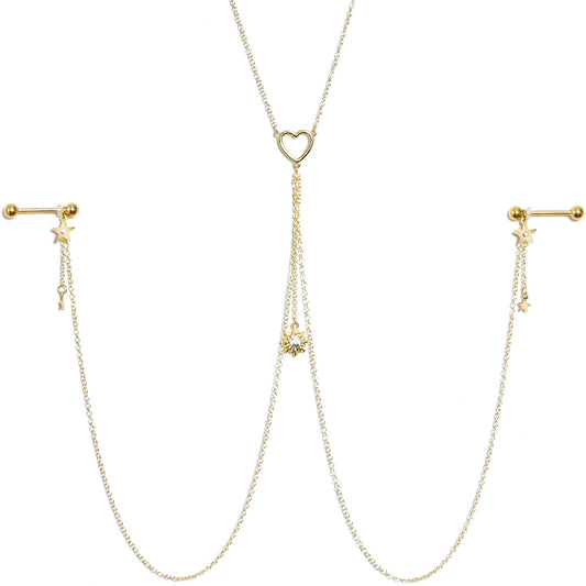 14G 5/8 Clear Gem Gold Tone Sun Heart Star Nipple Chain Necklace