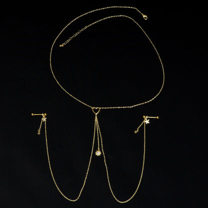 14G 5/8 Clear Gem Gold Tone Sun Heart Star Nipple Chain Necklace