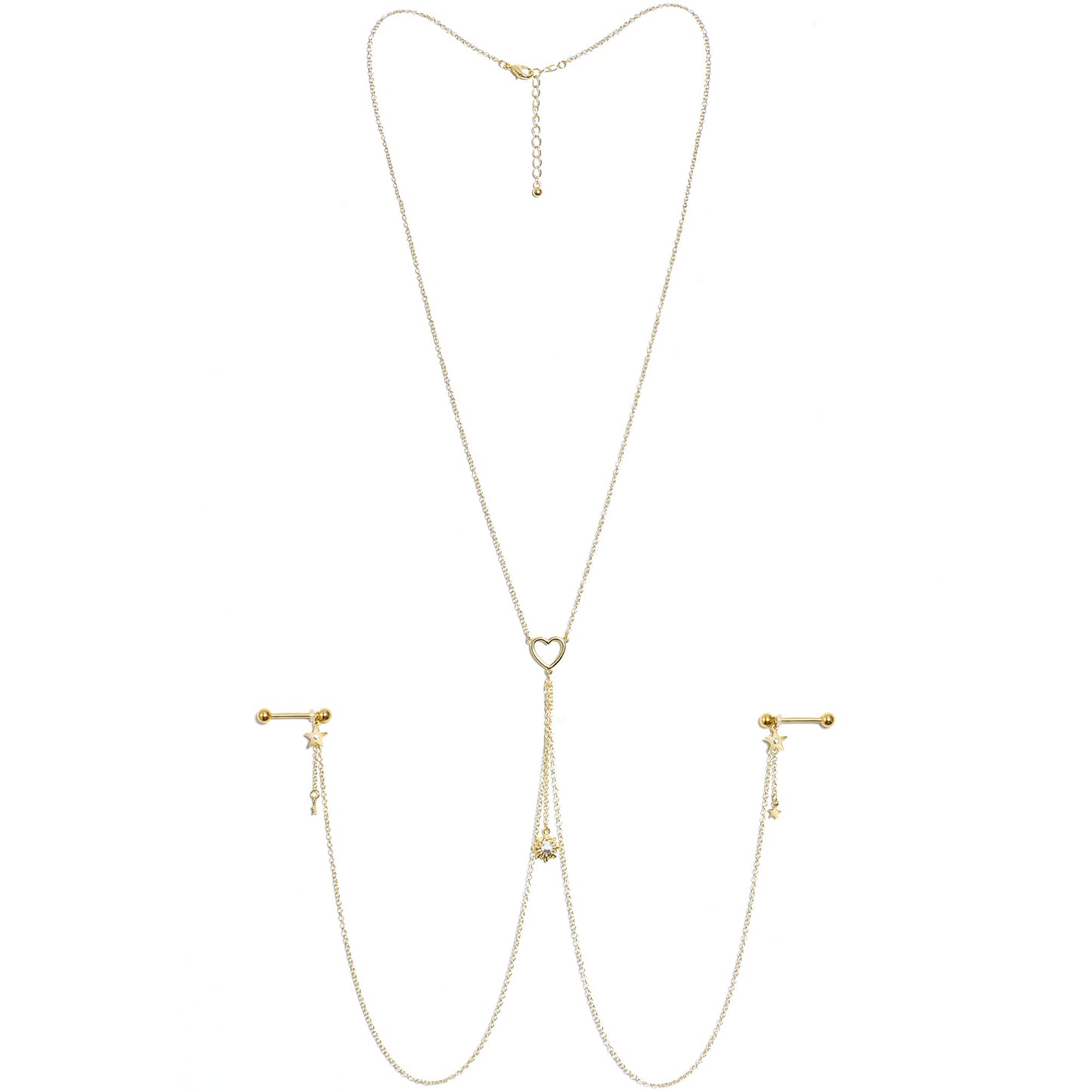 14G 5/8 Clear Gem Gold Tone Sun Heart Star Nipple Chain Necklace