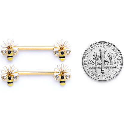 14G 9/16 Clear Gem Gold Tone Flower Bee Barbell Nipple Ring Set