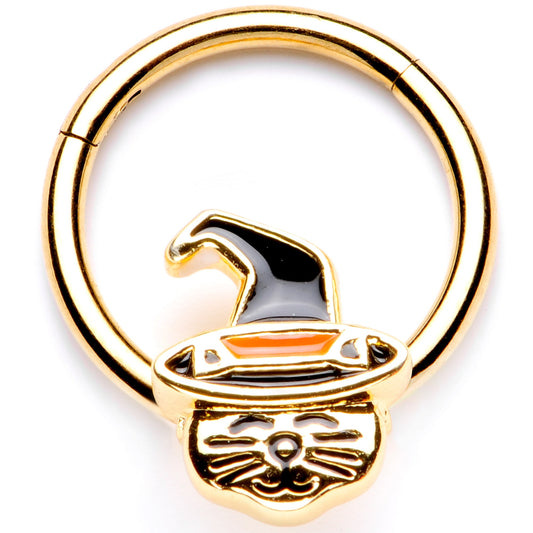 16G 3/8 Gold Tone Witch Hat Cat Halloween Hinged Segment Ring