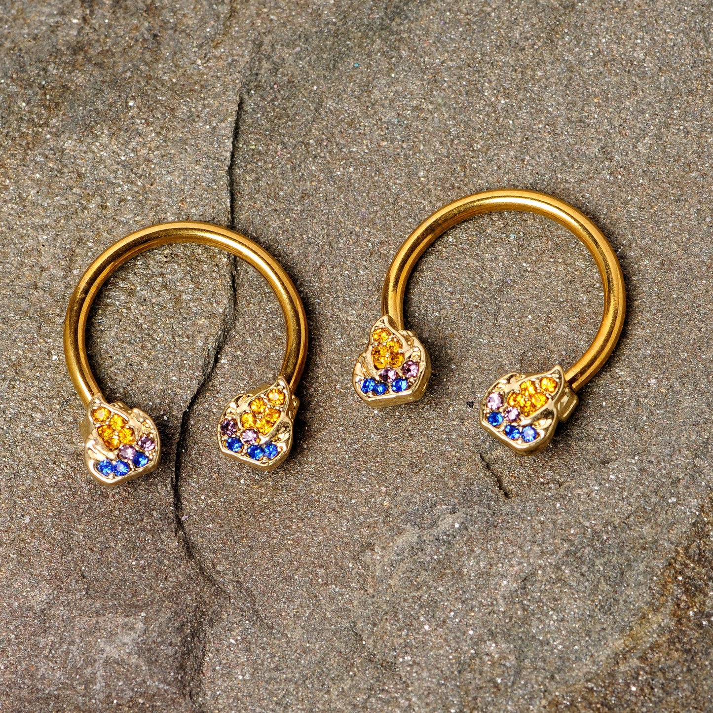 14G 1/2 Orange Gem Gold Tone Candle Horseshoe Nipple Ring Set