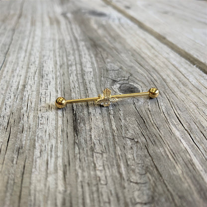 14G Clear Gem Gold Tone Alien UFO Beam Industrial Barbell 38mm