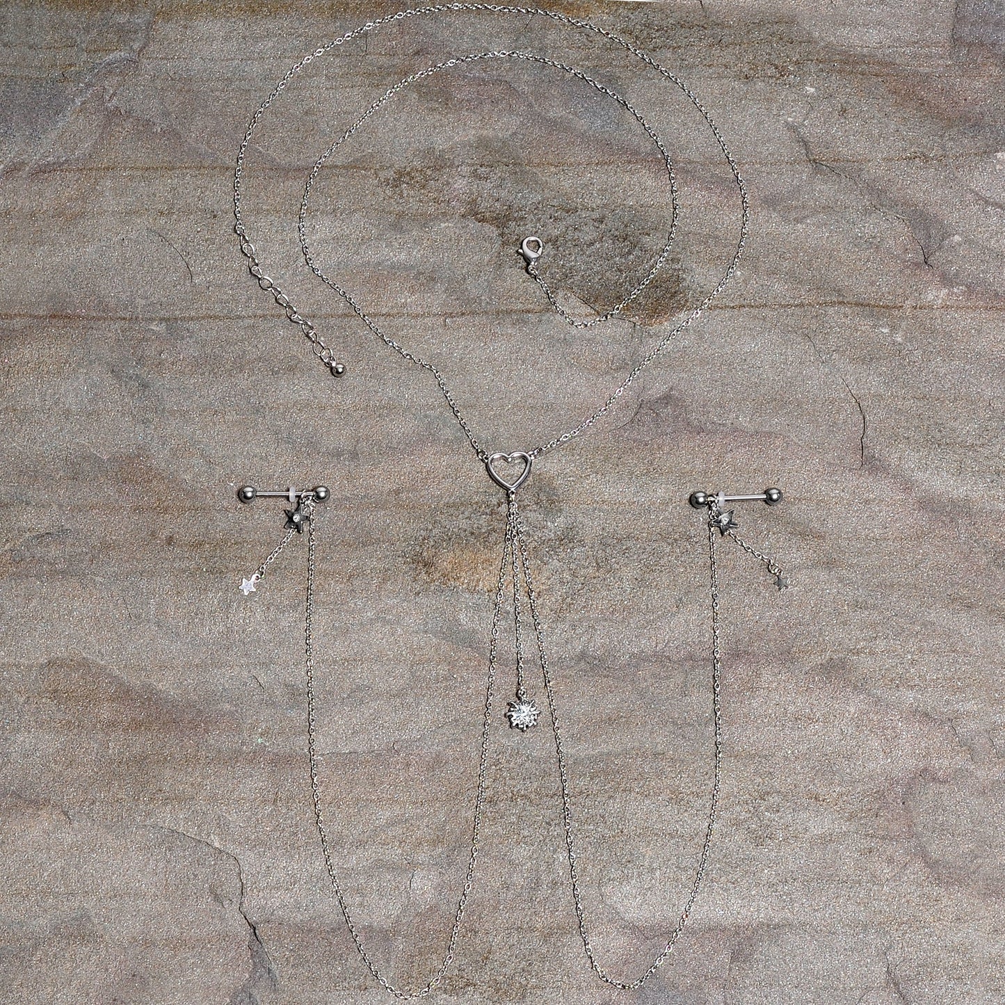 14G 5/8 Clear Gem Sun Heart Star Nipple Chain Necklace