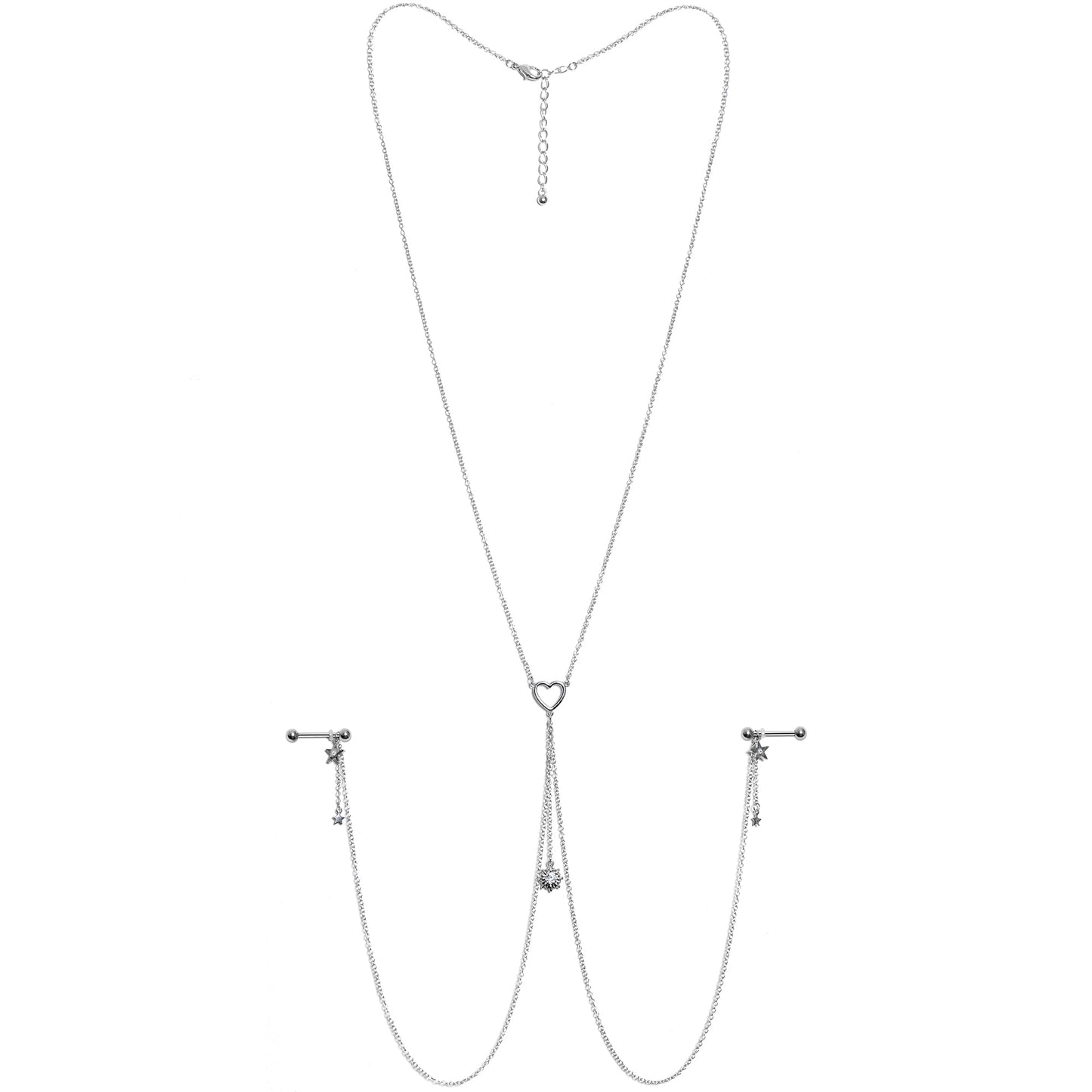 14G 5/8 Clear Gem Sun Heart Star Nipple Chain Necklace