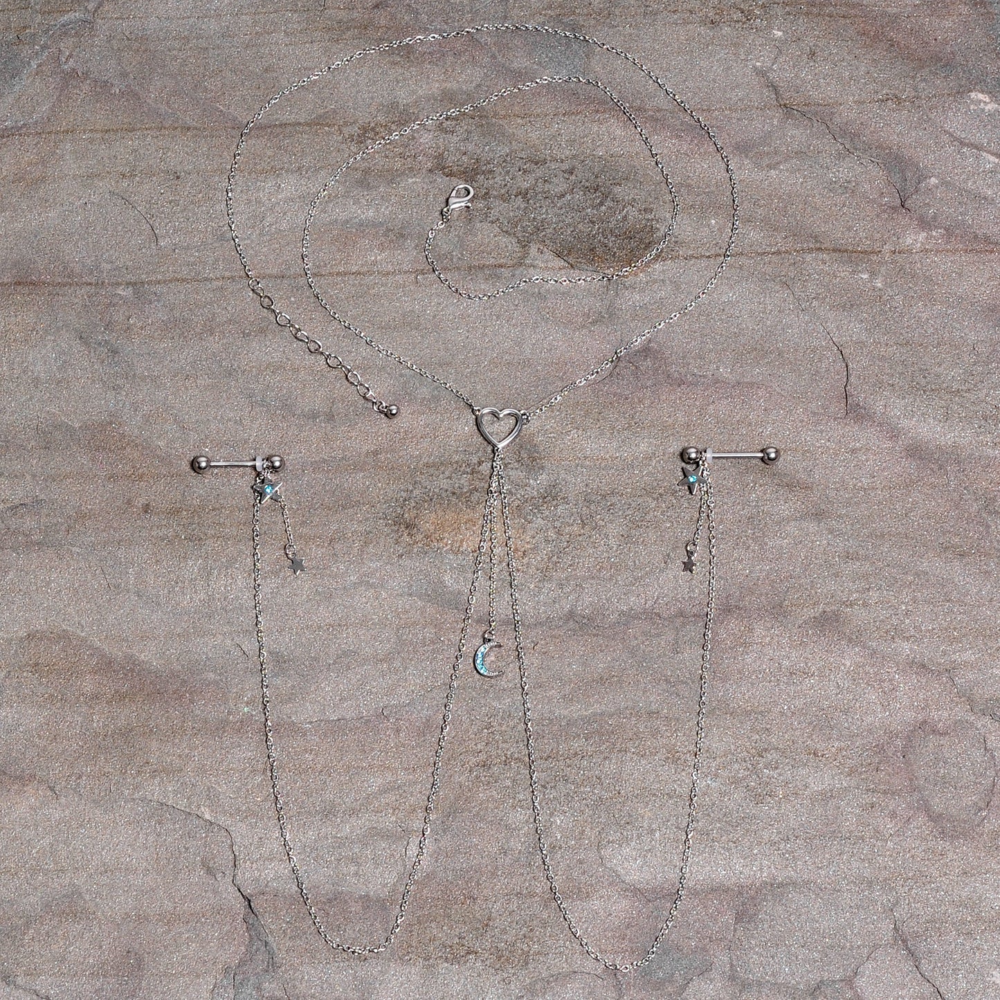 14G 5/8 Blue Gem Moon Heart Star Nipple Chain Necklace