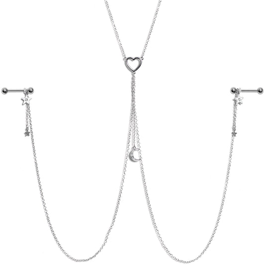 14G 5/8 Clear Gem Moon Heart Star Nipple Chain Necklace