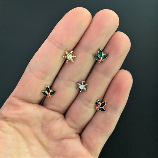 16G 1/4 Red Gem Rose Tone Mistletoe Christmas Cartilage Tragus