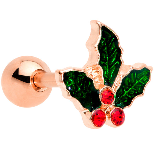 16G 1/4 Red Gem Rose Tone Mistletoe Christmas Cartilage Tragus