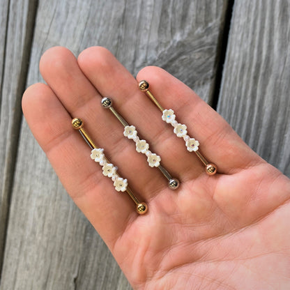 14G Aurora Gem White Flower Industrial Barbell 38mm