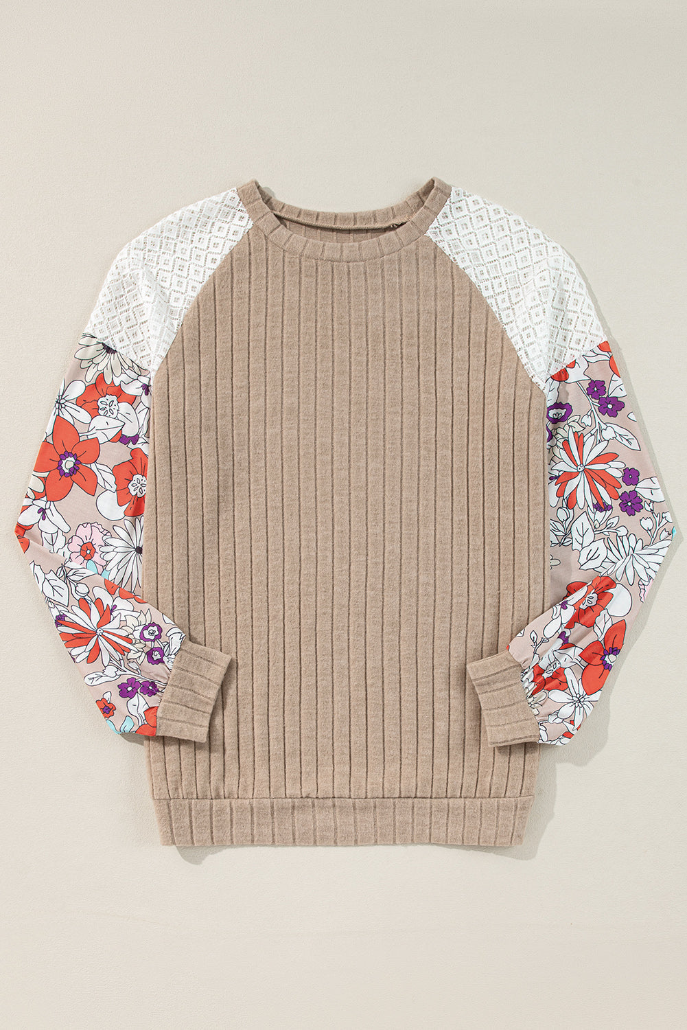 Floral Ribbed Patchwork Long Sleeve Blouse