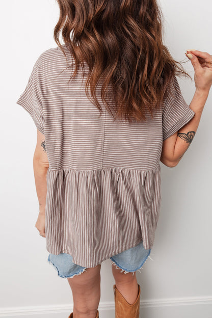 Stripe Buttoned V-Neck T-Shirt