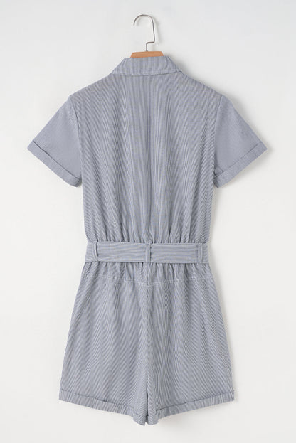 Stripe Chest Pockets Buttoned Belted High-Waist Romper