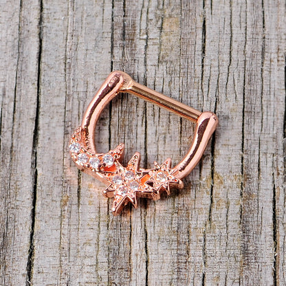 16G 1/4 Clear CZ Gem Rose Gold Tone Moon Stars Cartilage Clicker