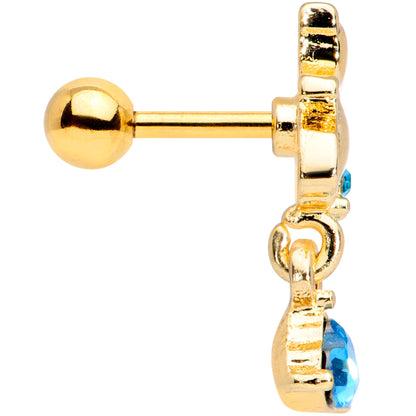 16G 1/4 Blue Gem Gold Tone Cat Heart Dangle Cartilage Tragus