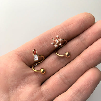 14G 3/8 Clear CZ Gem Rose Gold Tone Snowflake Spiral Belly Ring